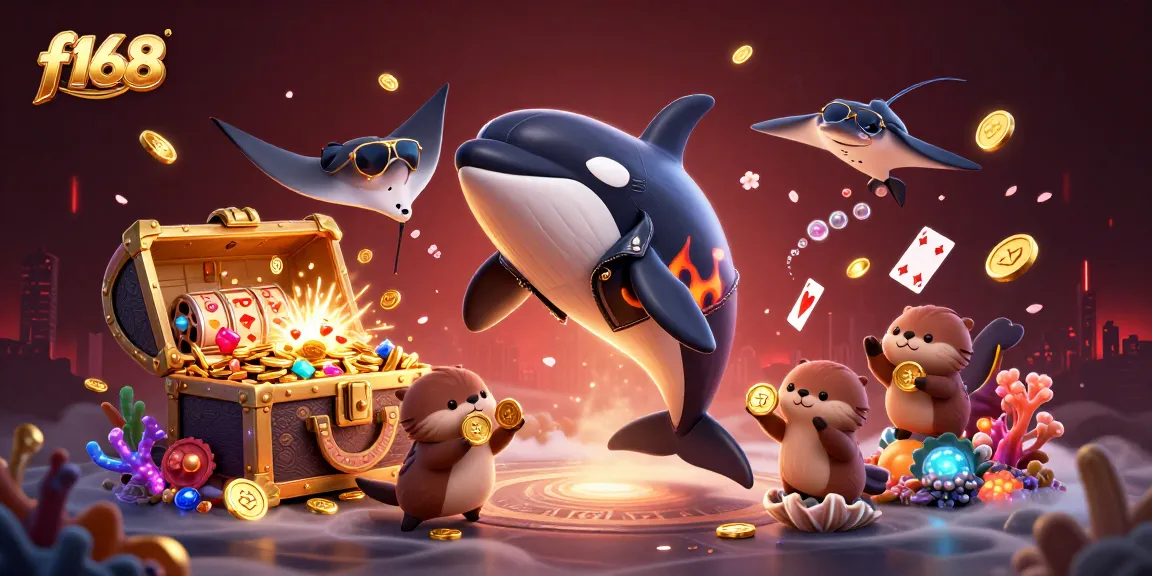 Experience winning moments at f168 with vibrant sea creatures and casino elements in this dynamic illustration.