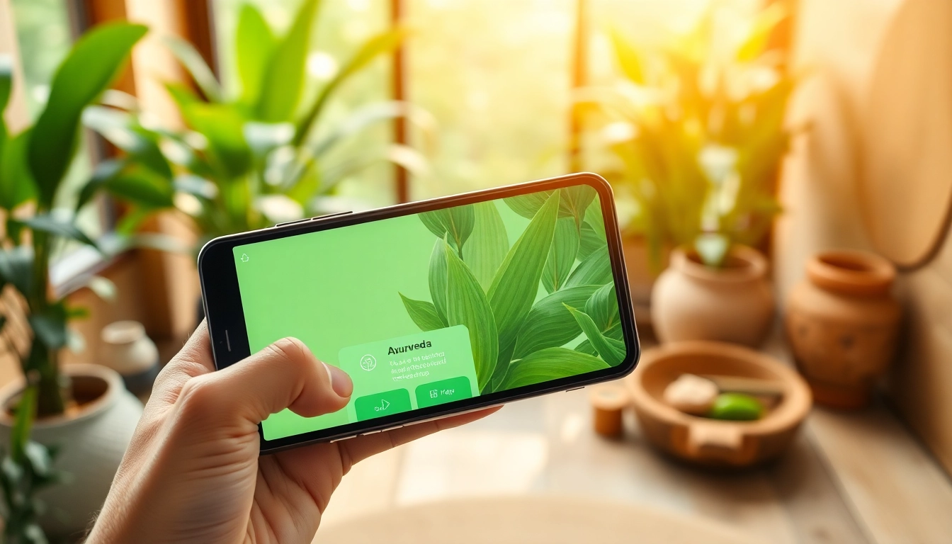 Explore the Ayurveda Mobile App interface showcasing wellness features in a natural setting.