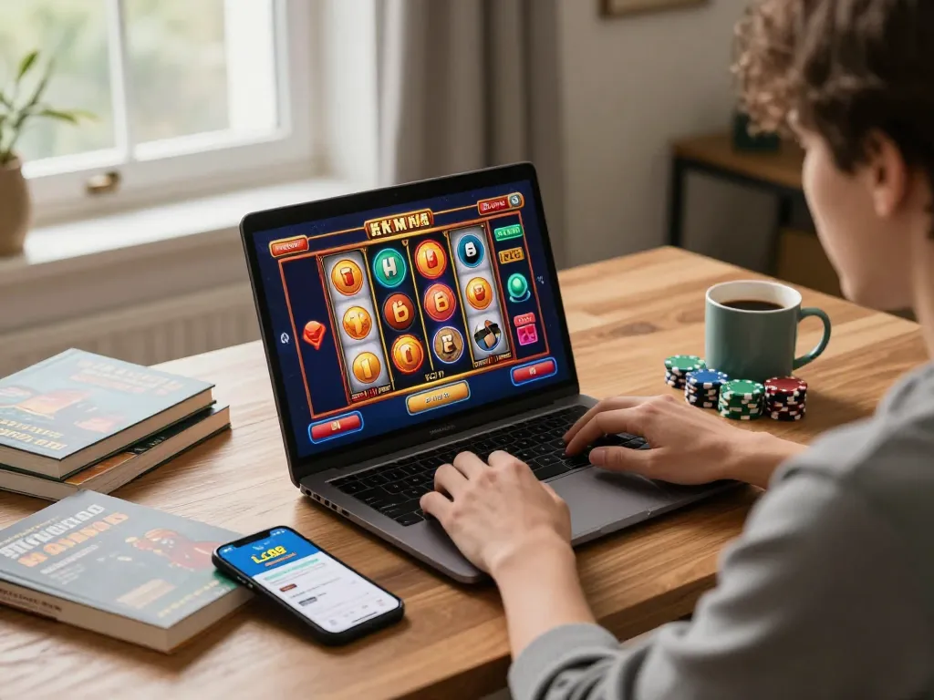 Engaging online casino gaming scene with LC88 app displayed on laptop, poker chips, and cozy atmosphere.