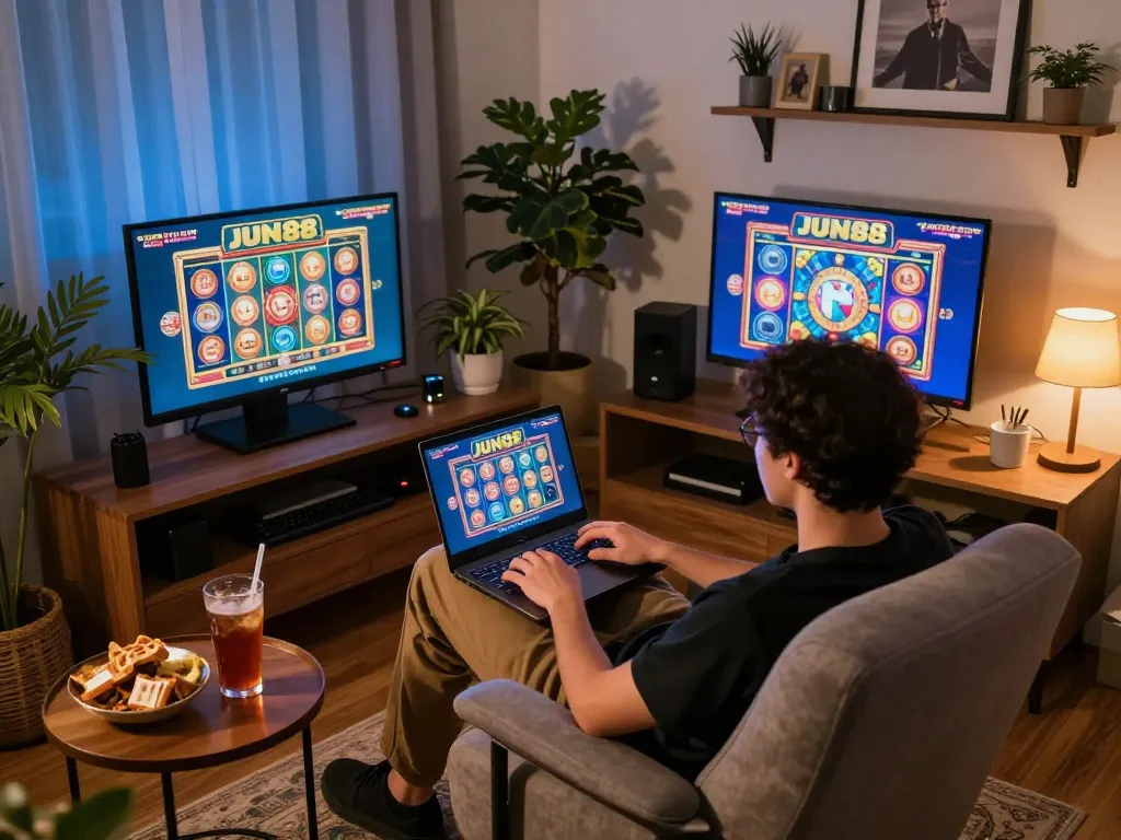 Engaging home gaming scene with JUN88 player using laptop for online casino experience