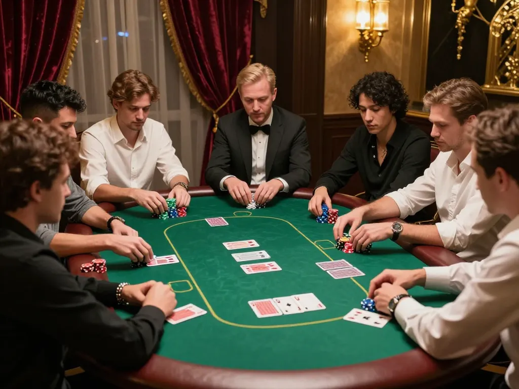 Players at a high-stakes poker table showing their hands during a cm88 game night, capturing strategic moments and tension.