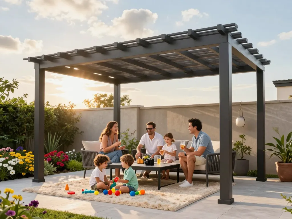 Configuratore pergole online che cattura una famiglia moderna che gode di una pergola progettata su misura in un bellissimo giardino.