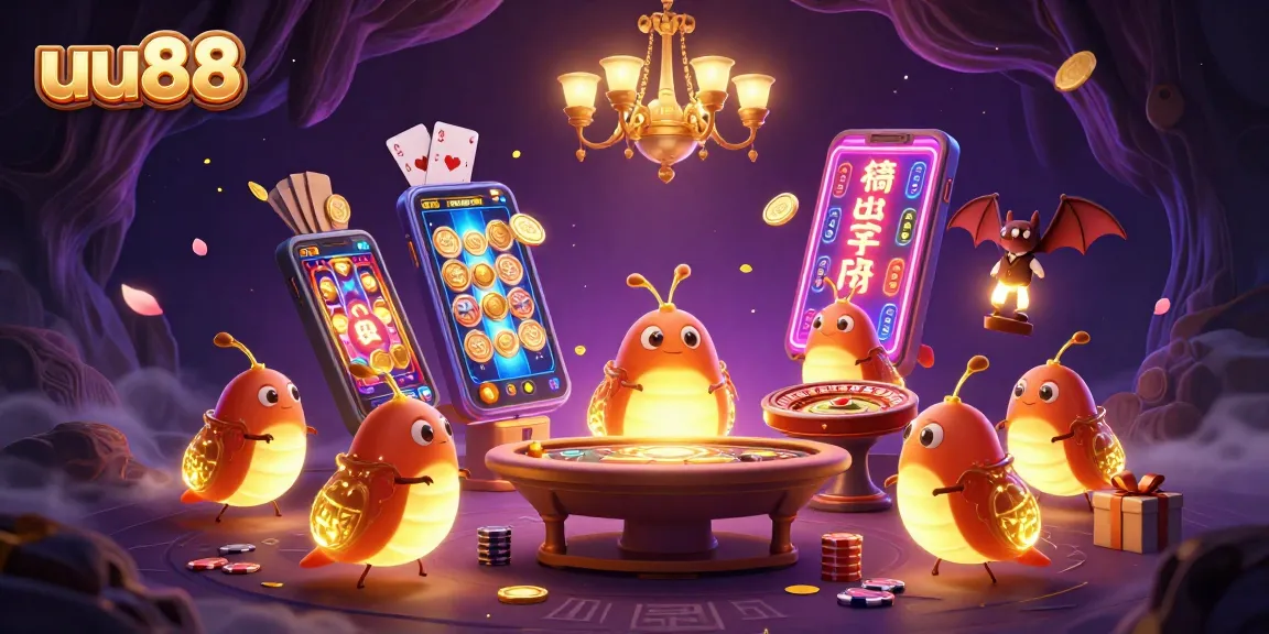 Play thrilling games at uu88's illuminated cave casino with captivating glowworms and vibrant slot action.