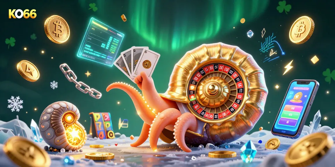 Experience thrilling gaming at KO66 with a vibrant 3D casino illustration showcasing a giant nautilus roulette.