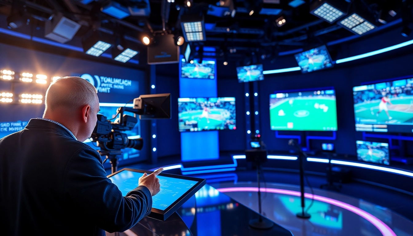 Dynamic sports broadcasting studio showcasing an anchor and advanced technology in action.