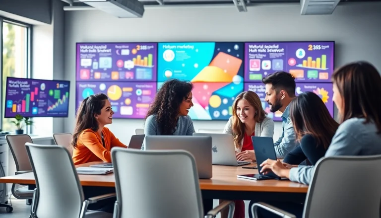 Engaging scene of social media marketing professionals collaborating in a modern office.