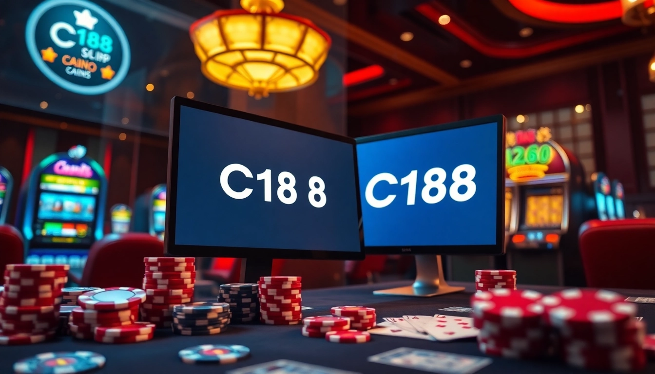 C168 gaming experience featuring elegant casino elements like poker chips and slot machines.