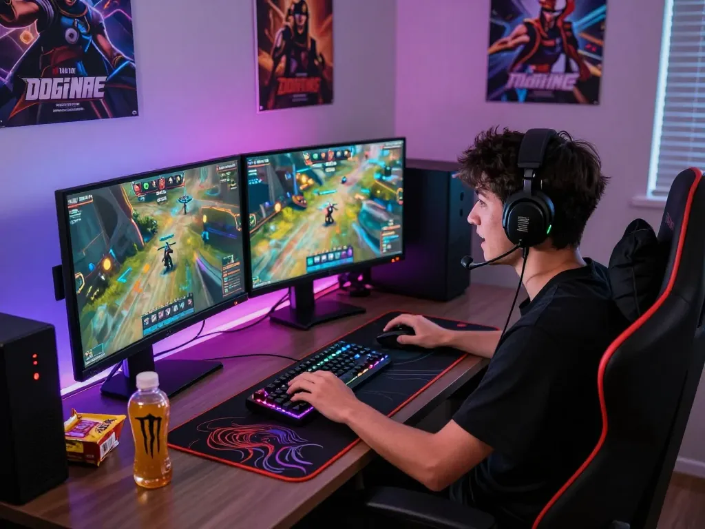 Go99 gaming workspace with dual monitors and vibrant graphics.