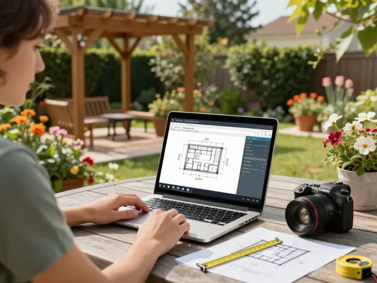 Using pergola configurator software outdoors, designing a custom pergola amidst a lush garden.