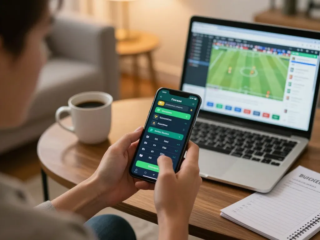 Person engaging in sports betting on TG88 smartphone app in cozy living room.