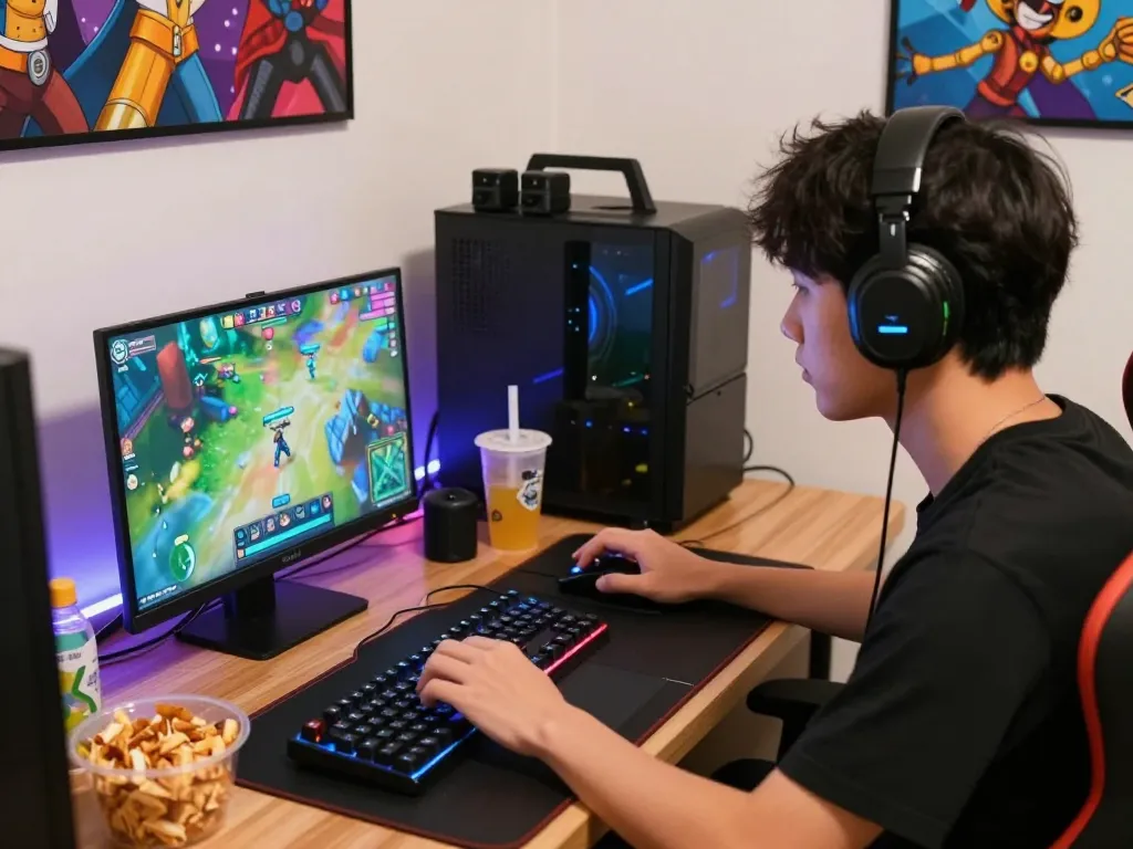 Gamer immersed in hypno porn-themed mind control games on laptop in colorful gaming setup.