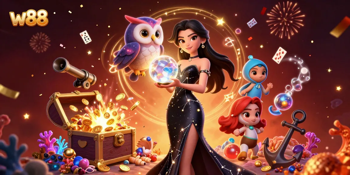 w88 players shoot for jackpots with a mystical woman, treasure chest, and owl in 3D illustration
