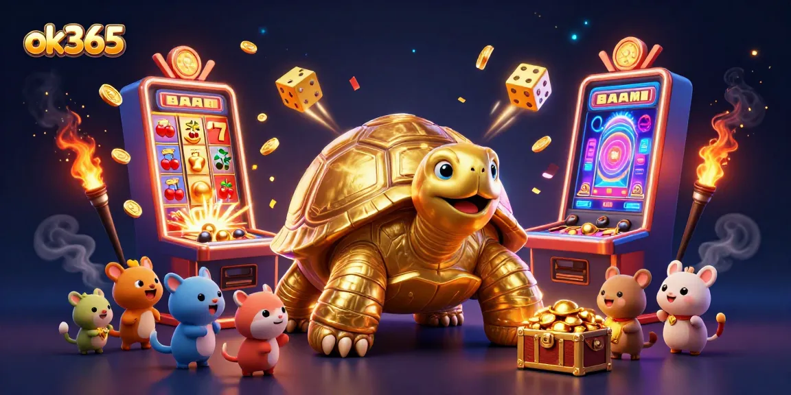 ok365 enhances gameplay with a dynamic illustration of a colossal tortoise game machine amidst slot machines and treasure bursts.