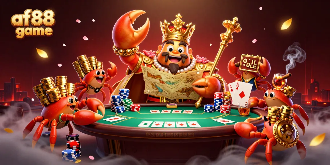 Engage with the af88 game featuring a golden crab emperor and vibrant casino elements.
