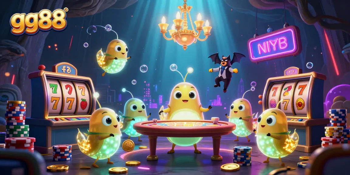 Players enjoying exciting slot games at GG88 casino illustrated with glowing elements and a bat dealer.