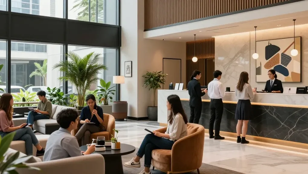 Modern lobby scene at ROKOK88 Hotel, showcasing stylish decor and guest interactions.