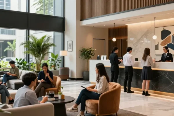 Modern lobby scene at ROKOK88 Hotel, showcasing stylish decor and guest interactions.