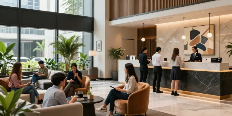 Modern lobby scene at ROKOK88 Hotel, showcasing stylish decor and guest interactions.